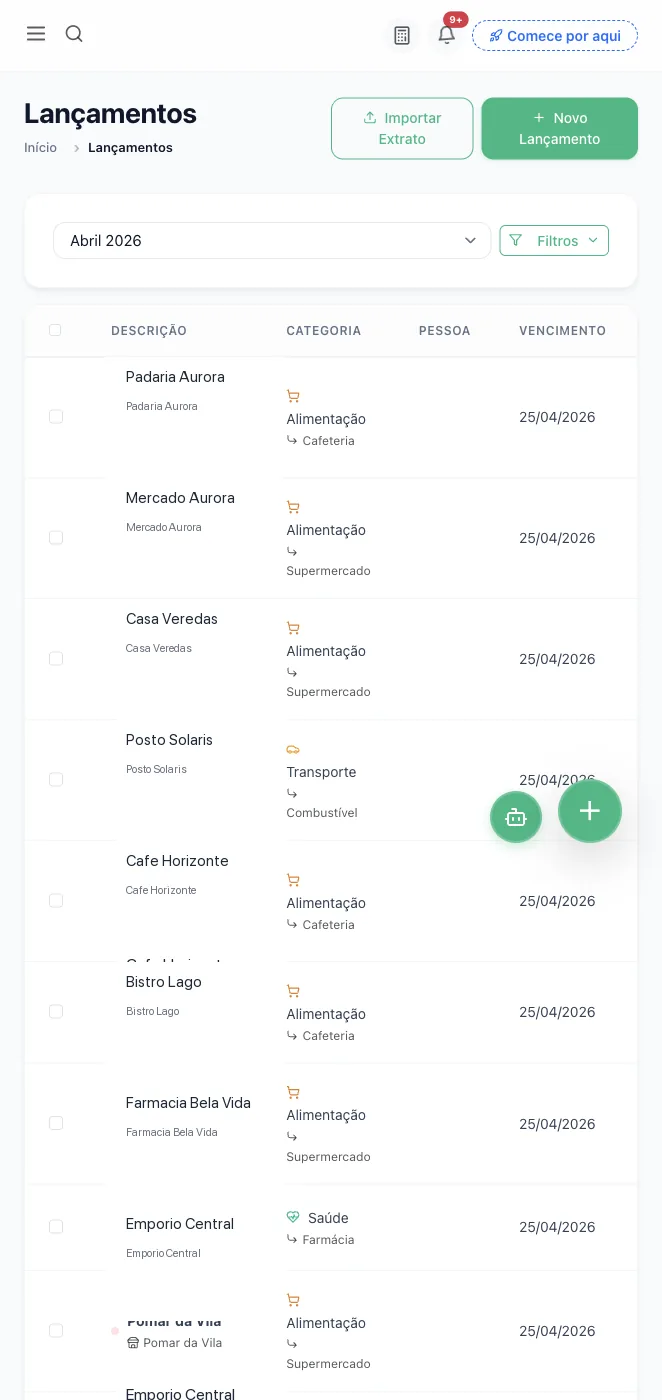 Tela de lançamentos do Orbyra com despesas da família